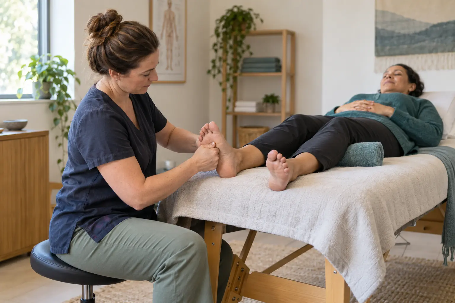 Reflexology practitioner applying focused pressure to an adult client’s foot