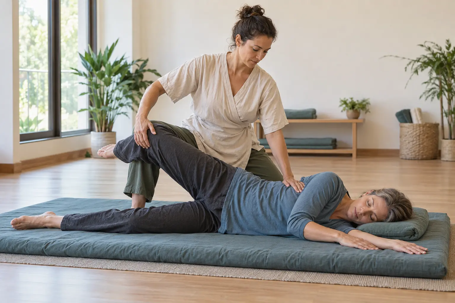 Thai massage practitioner guiding a fully clothed adult through an assisted stretch on a floor mat